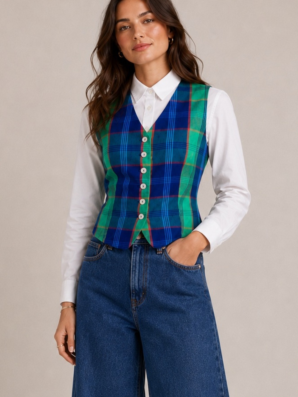 VTG Worthington | 100% Silk Preppy Plaid Vest Blue Green Red, Size M